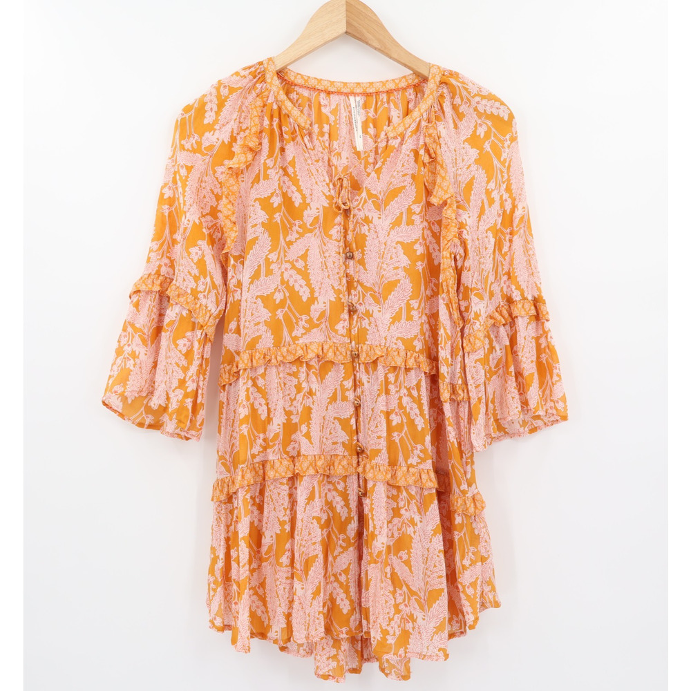 Anthropologie Women's Mia Tiered 3/4 Sleeve Button Front Yellow Pink Tunic XS